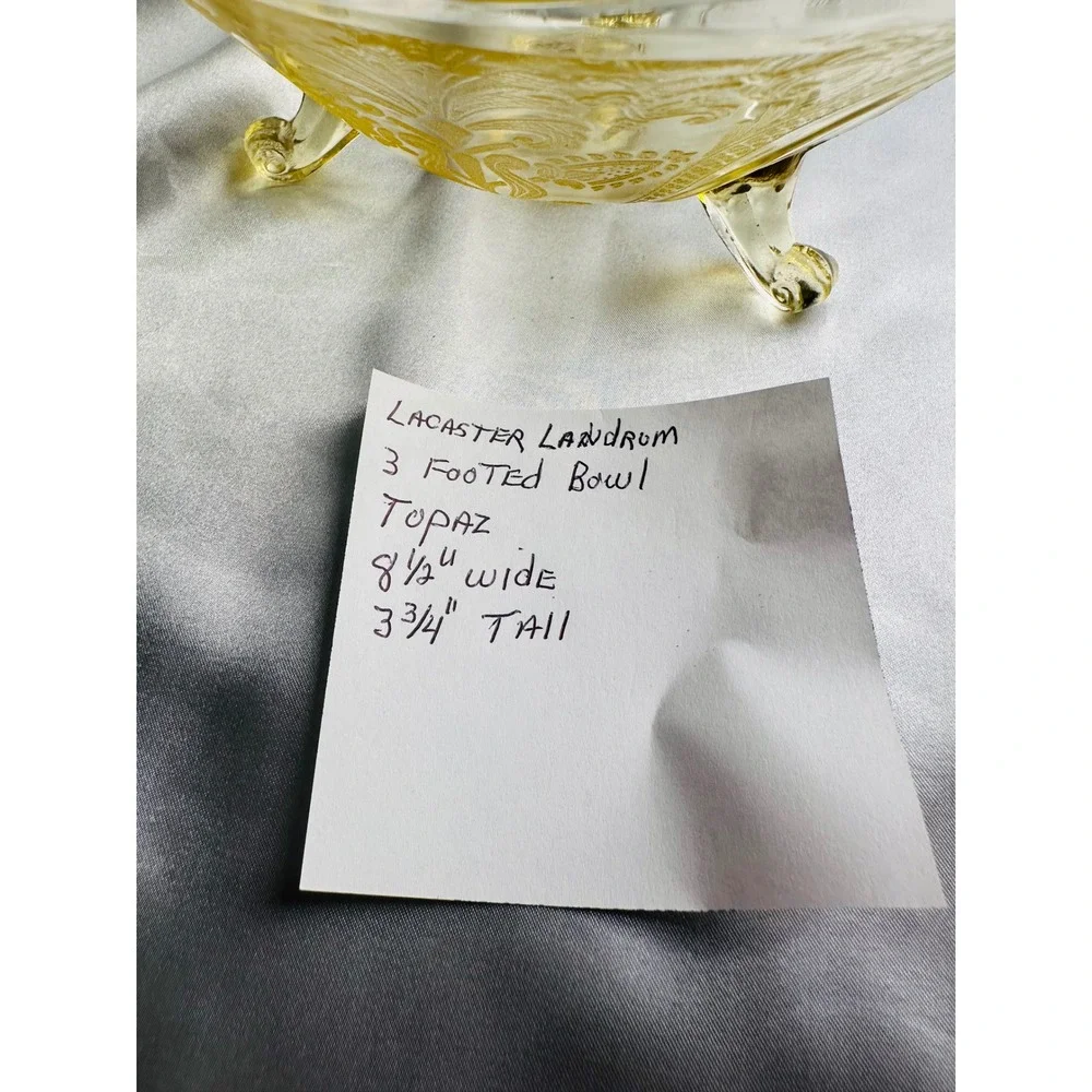 Lancaster Landrum Topaz Yellow Etched Glass 3 Footed Bowl Scalloped 8.5